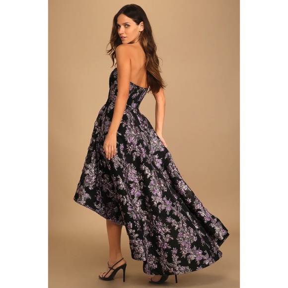 Lulus All Romance Black Floral Jacquard Strapless High-Low Gown Black/Lilac - XS - Picture 5 of 15